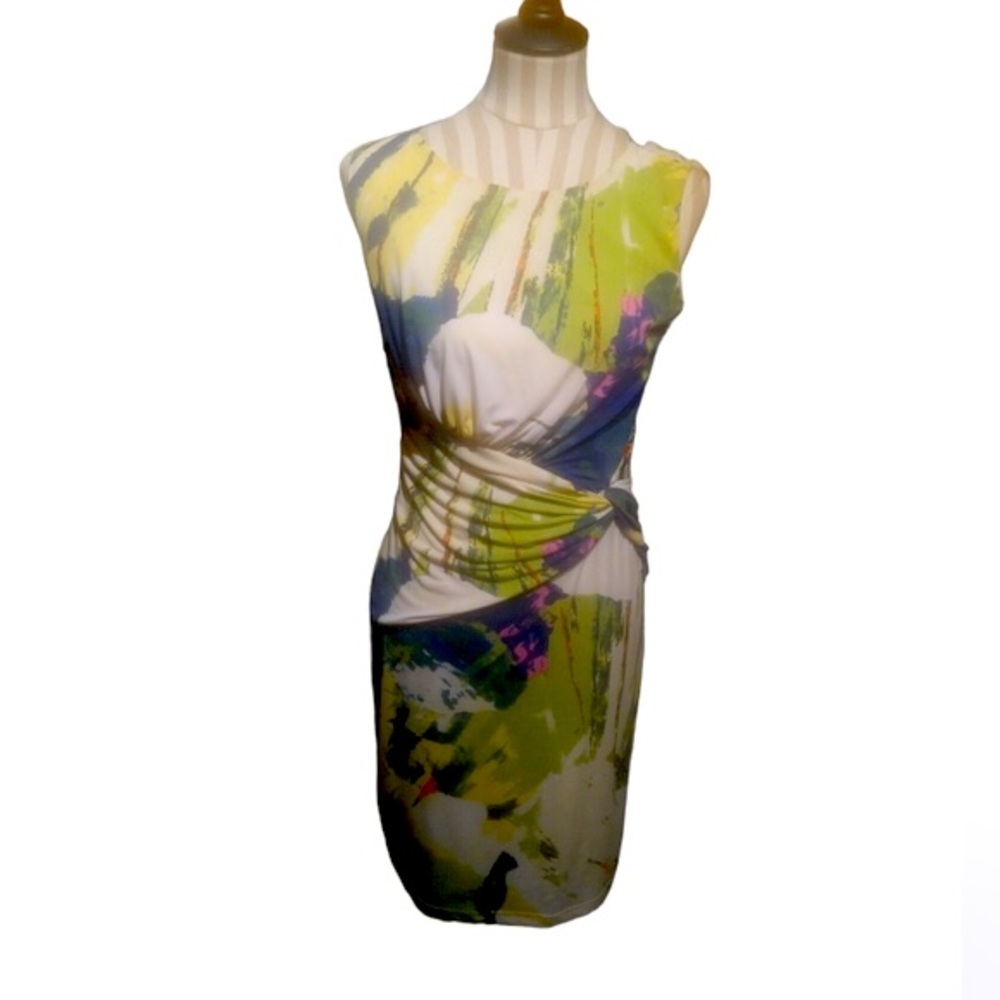- - Suzi Chin watercolor sheath dress bodycon stretch ruched waist sleevel…